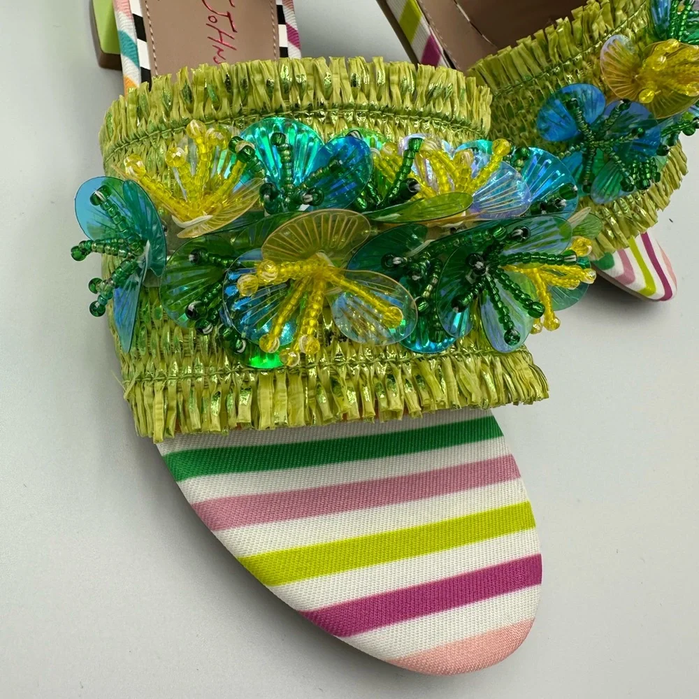 Betsey Johnson PEYTEN Beaded Butterfly Sandals 5.5M Striped Heels new in box